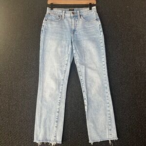 J. Crew Essential Straight Jeans Light Wash Raw Hem High Rise Denim Blue Size 25